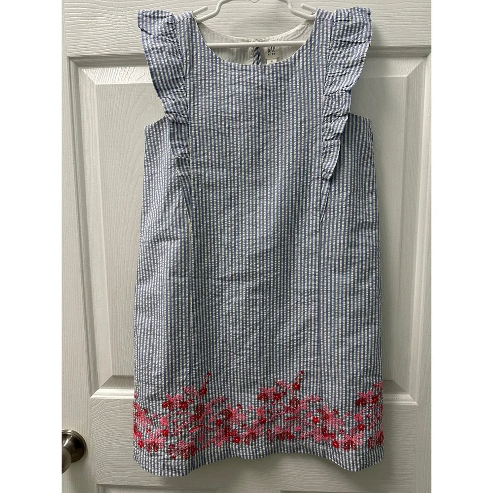 Gap Kids Girls Blue White Striped Seersucker Floral Embroidered Dress Size M 8-9